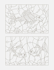 Set contour illustrations of stained glass with aquarium fish