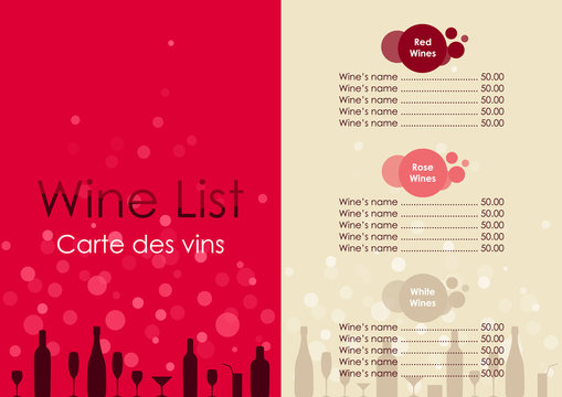 Wine list with transparent bubble on red and beige background. 