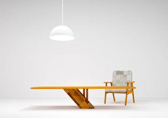 Wood Chair and wood table modern and lamp in room of a background wall (3D Rendering)