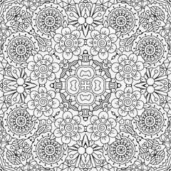 Full frame kaleidoscope background of patterns composed with geometric designs against white and having floral elements