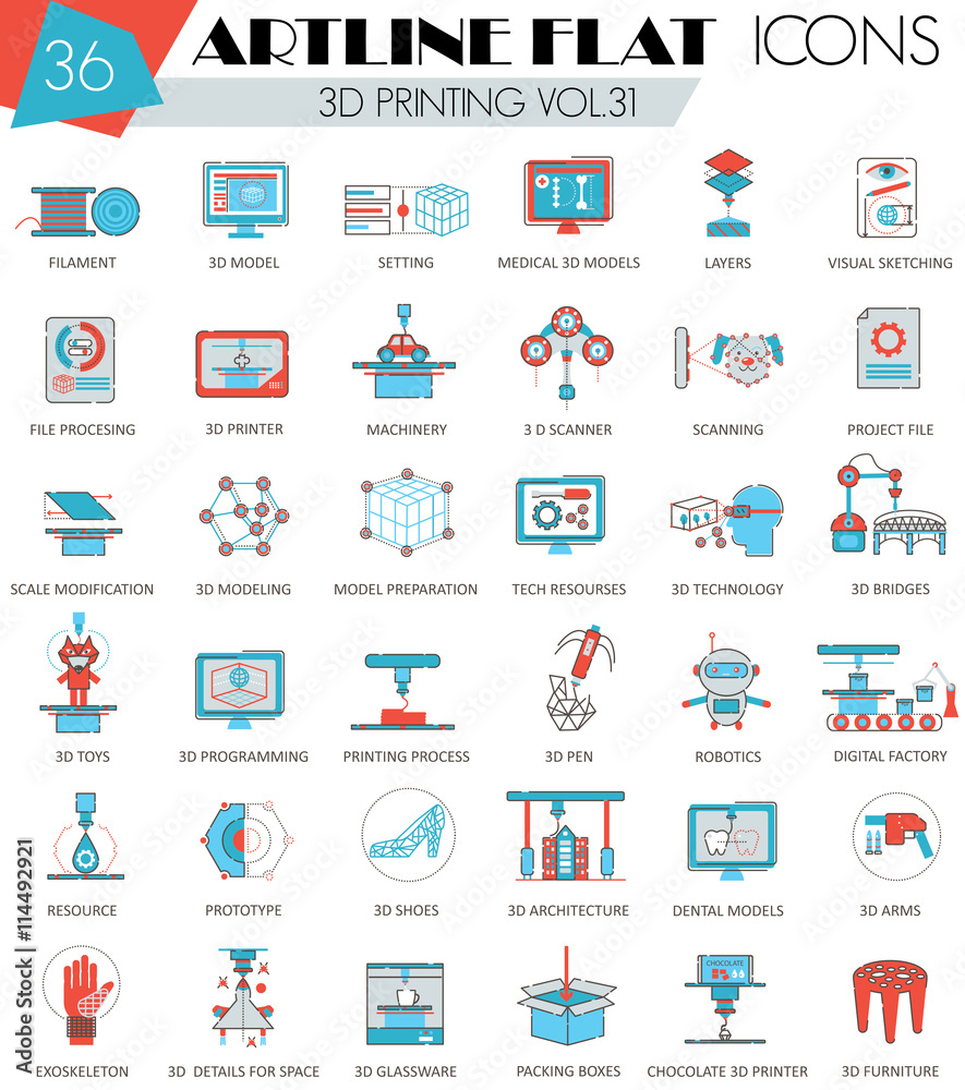 Poster vector 3d printing ultra modern outline artline flat line icons for web and apps.