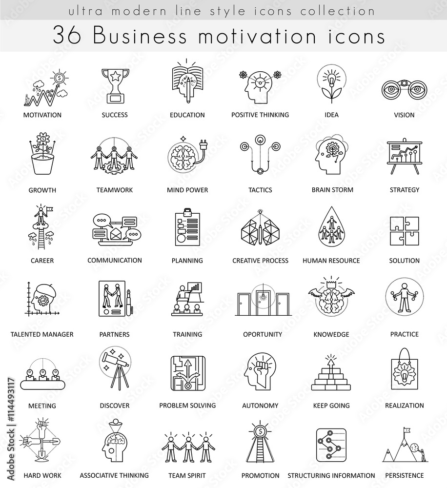Poster vector business motivation and discipline ultra modern outline line icons for web and apps.