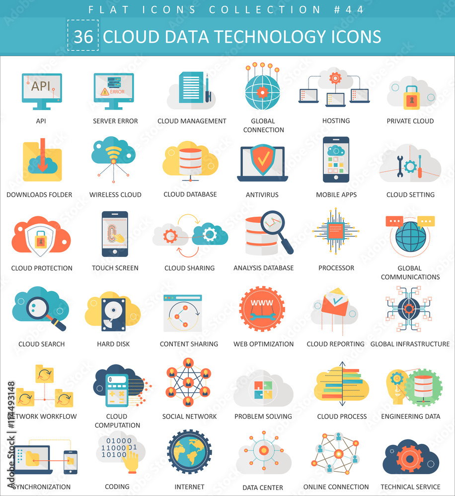 Poster Vector Cloud data technology color flat icon set. Elegant style design.