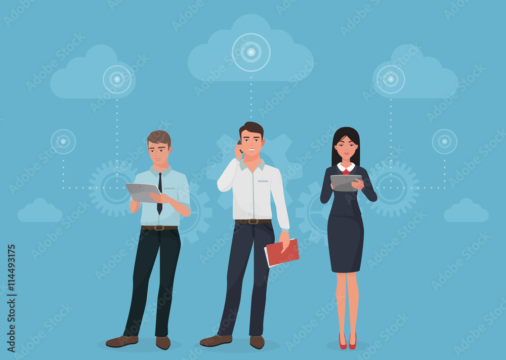 Poster people with gadgets using social business connection communications in clouds concept.