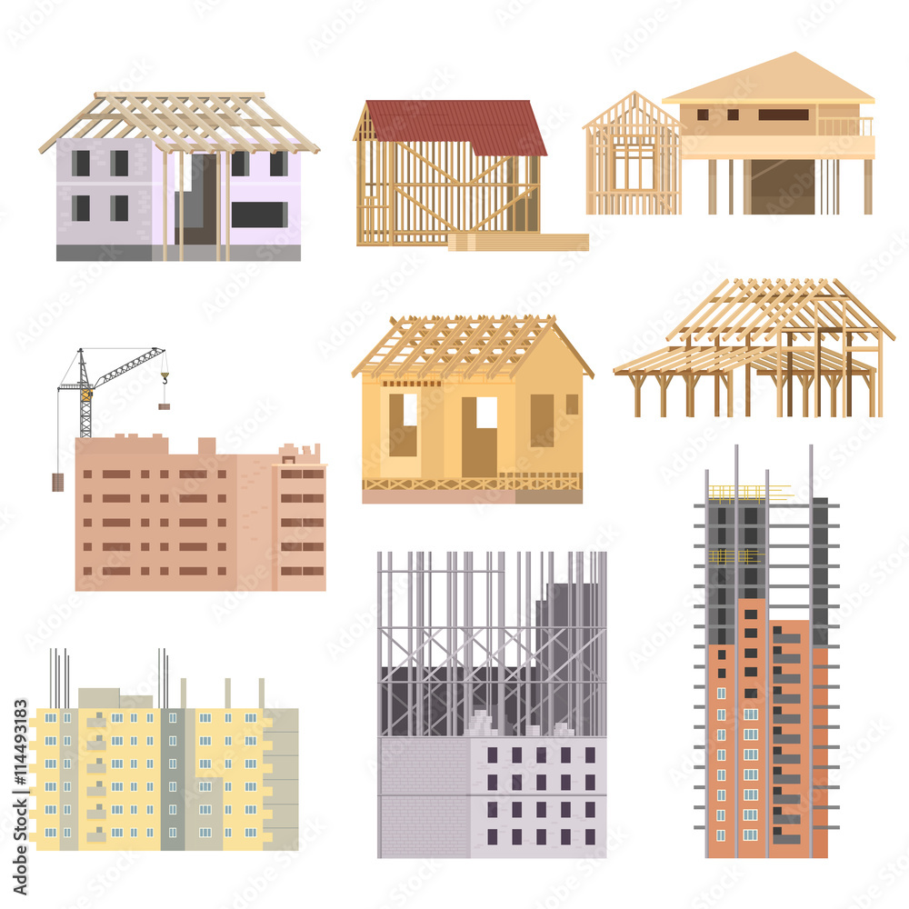 Poster Vector flat Building under construction. Building house construction process icons set. Building with crane.