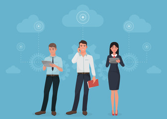 People with gadgets using social business connection communications in clouds concept.