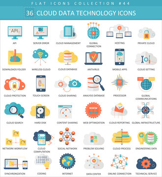Vector Cloud data technology color flat icon set. Elegant style design.
