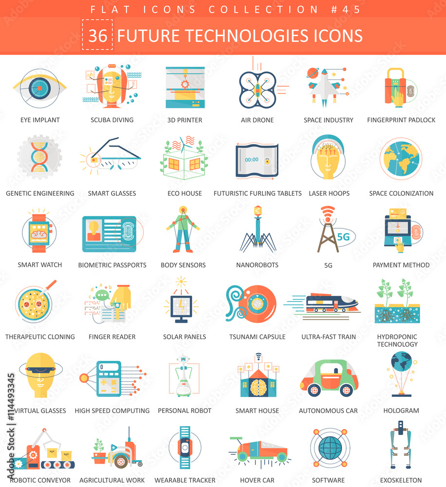 Poster vector future technology color flat icon set. elegant style design.