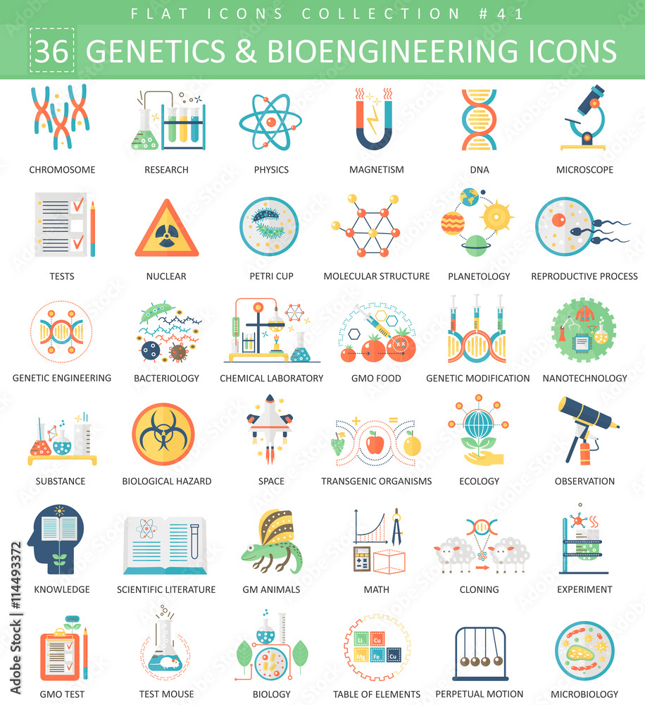 Poster vector genetics and bioengineering flat icon set. elegant style design.