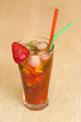 Strawberry mojito cocktal on wood background