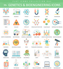 Vector Genetics and bioengineering flat icon set. Elegant style design.