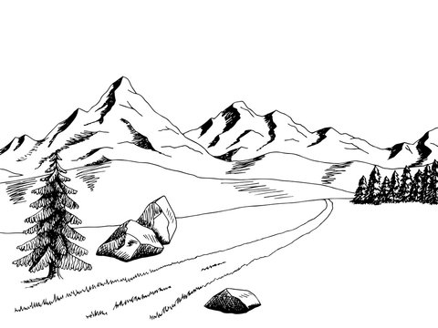 Mountain road graphic art black white landscape illustration vector