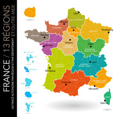Carte de France 13 régions (nouveaux noms (2016) + départements / 1 tracé par zones
