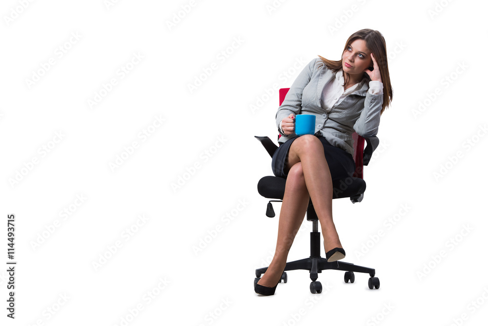 Wall mural Businesswoman sitting isolated on white background