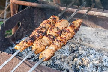 Meat on skewers hot coals