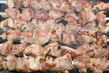 meat skewers on the barbecue coals