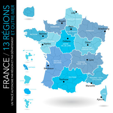 Carte de France 13 régions (nouveaux noms (2016) + départements et outre-mer / un tracé autonome par zone