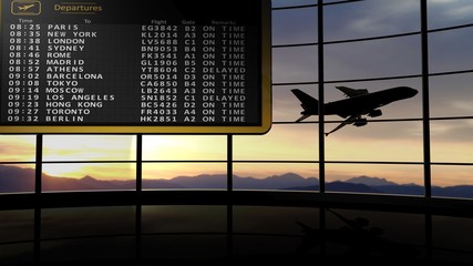 View on departures timetable against of flying airplane © viperagp
