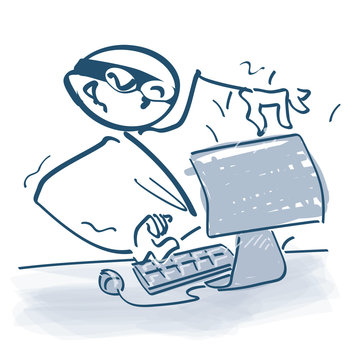 Strichm&auml;nnchen als Hacker vor dem Computer