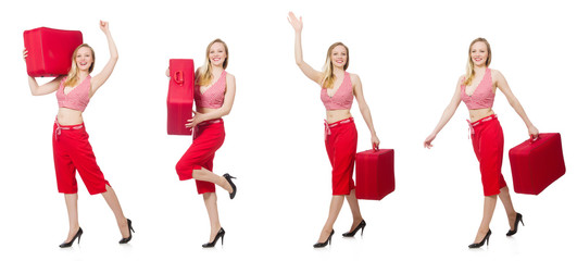 Travelling woman with suitcase isolated on white