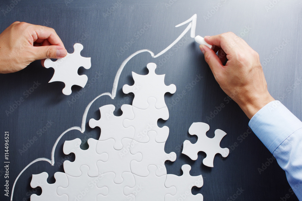 Poster Working on steps shaped jigsaw puzzle. Drawing up arrow on black. Concept image of making growth strategy. 
