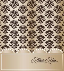Vintage card with damask ornament pattern. Gold color. Vector