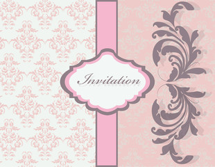 Vintage card with floral damask ornament pattern and stripes. Place for text. Rose quartz color. Vector