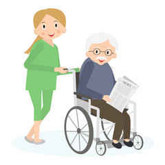 Handicapped senior man in a wheelchair. Special needs man. Caring for seniors, helping moving around. Elderly care. Vector illustration.