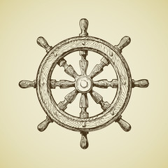 Hand-drawn vintage ships wheel in the old-fashioned style. Vector illustration
