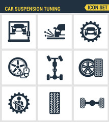 Icons set premium quality of car suspension tuning transport mechanic garage repair. Modern pictogram collection flat design style symbol collection. Isolated white background.