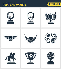 Icons set premium quality of cups and awards prize victory set award champ trophy. Modern pictogram collection flat design style symbol collection. Isolated white background.