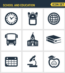 Icons set of premium quality of elementary school objects and education items, learning symbol and student equipment. Modern pictogram collection flat design style. Isolated on white background