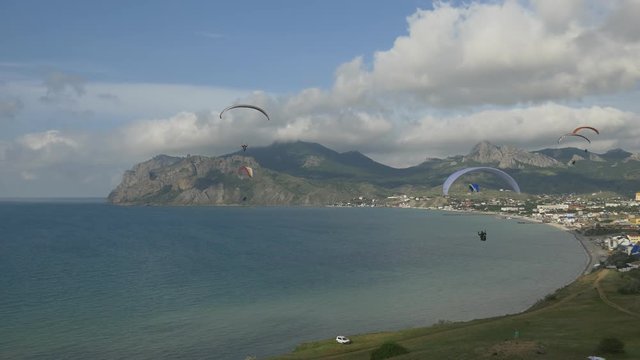Paragliders fly in the breeze