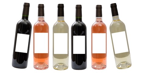 Set of white, rose, and red wine bottles.isolated on white background