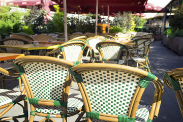 Not opened cafe in the morning in the old European city. Riga. Europe.