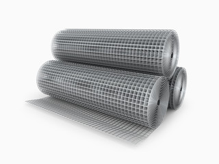 Galvanized welded wire mesh twisted into a roll on a white backg