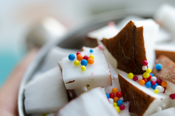 Coconut cubes in a bowl