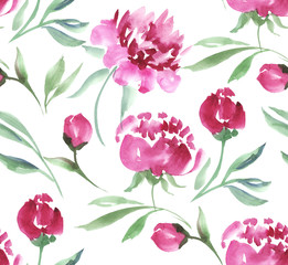 pink peony flower watercolor illustration. seamless white backgr