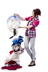 Woman tired after doing laundry isolated on white