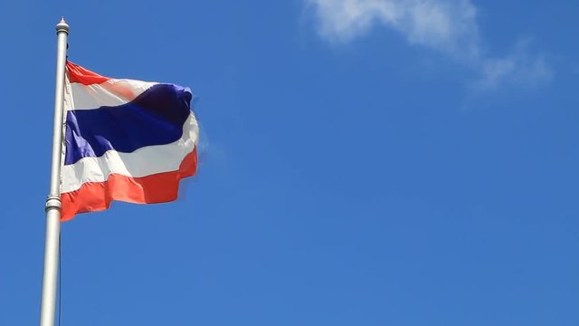 National flag of Thailand with blue sky background.