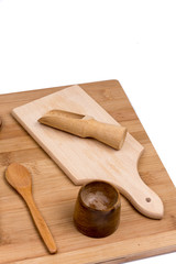 Kitchen wooden rustic utensils on the cutting board