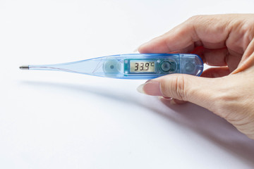 transparent blue digital thermometer in hand