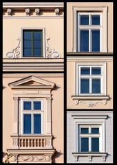 Obraz premium Collage set of old windows from Cracow, Poland with bird spikes protecting against pigeons.