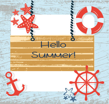 Vector Summer Card with Navigation Wheel on Vintage Grunge Background. Maritime theme Summer card