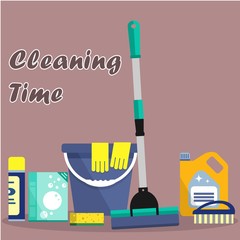 Cleaning time concept. Flat illustration. Vector cleaning products symbols. It can be used for the websites, banners, typographical products