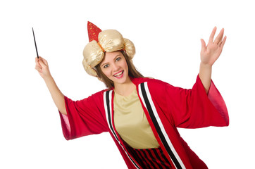 Woman wizard in red clothing isolated on white