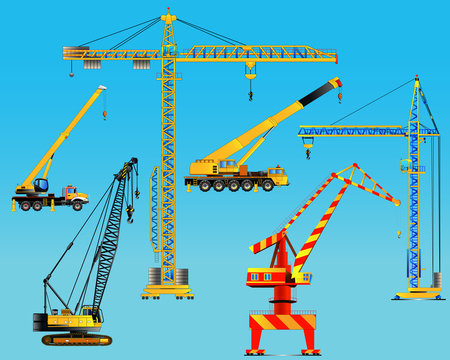 Building construction cranes set. Vector, isolated on blue