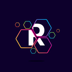 Letter R logo in Hexagon pattern.