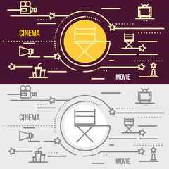 Flat thin line design web banner of cinema, theatre.