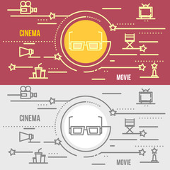 Flat thin line design web banner of cinema, theatre.